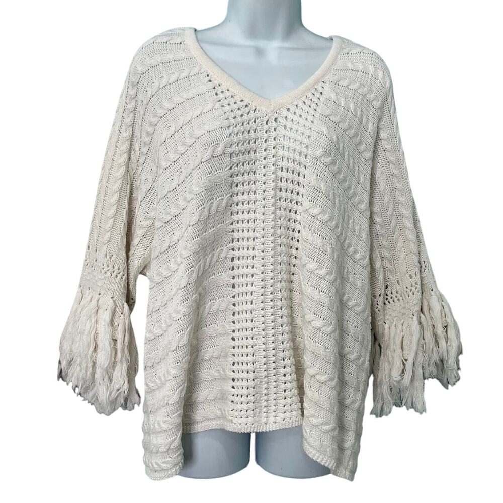 CAbi Cream Ivory Fringe Fiesta Poncho Open Knit Half Sleeve Sweater Top size M